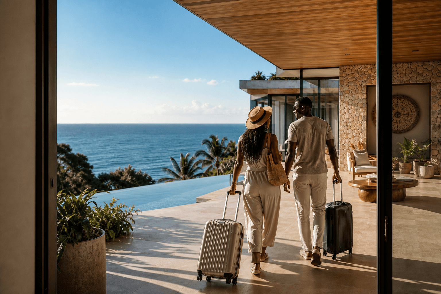 Open-air villa terrace and pool overlooking the ocean, the kind of stay hospitality businesses list on Isisel