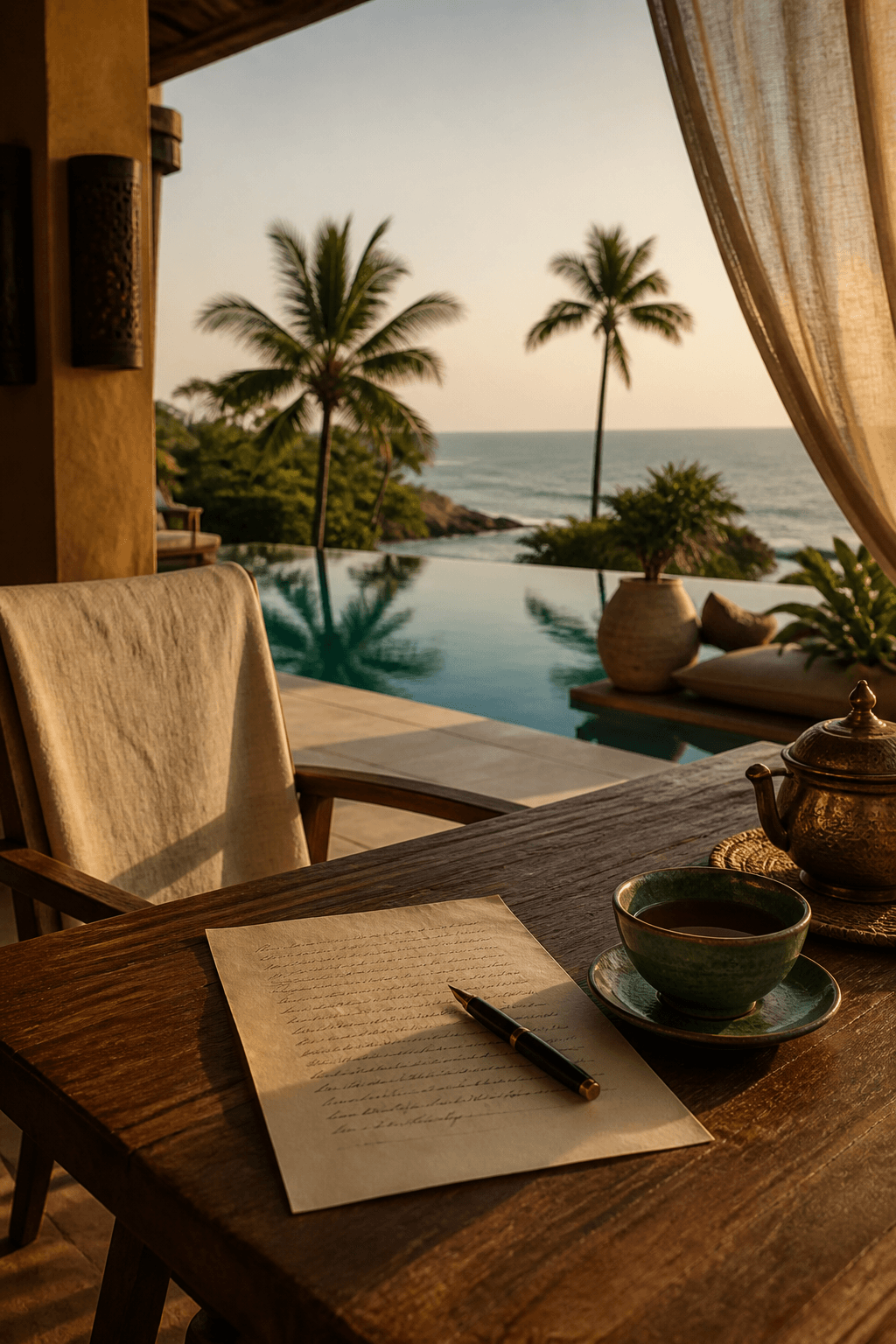 A handwritten letter and pen on a villa terrace at sunset, looking out to palms and the sea