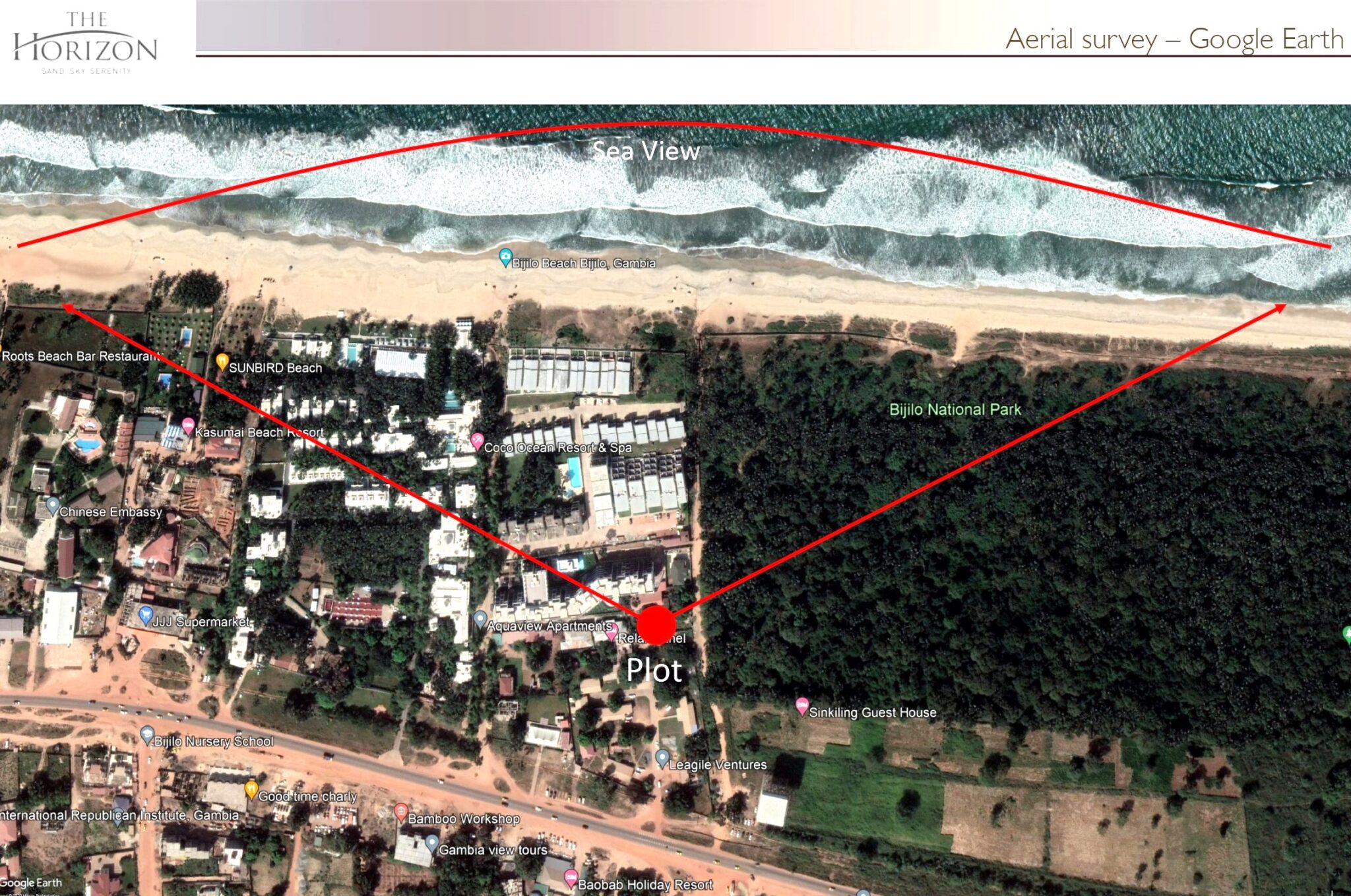 Aerial survey of Horizon plot in Bijilo showing sea-view corridor to Bijilo Beach and Bijilo National Park
