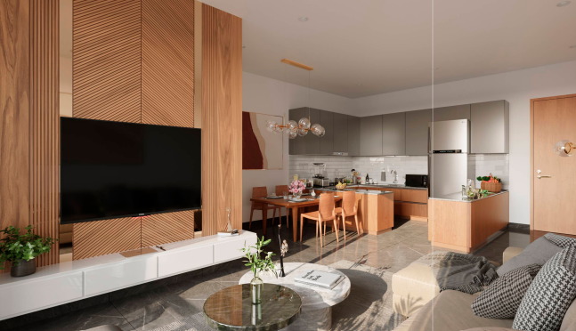Horizon two-bedroom interior — living, dining, and kitchen