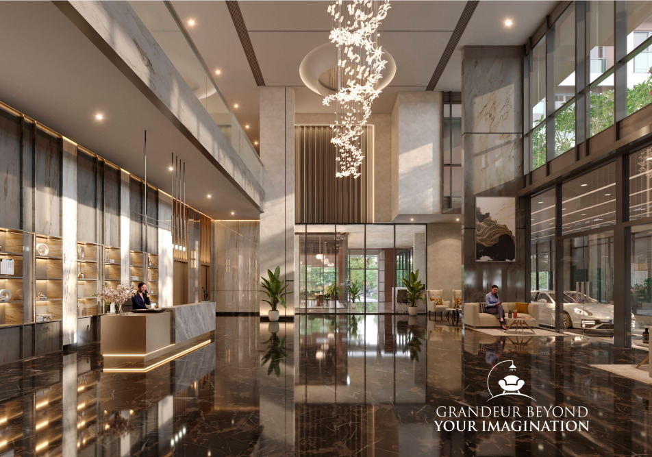 Horizon lobby with marble floors, chandelier, and reception