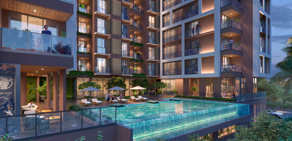 Horizon podium infinity pool and terrace at dusk